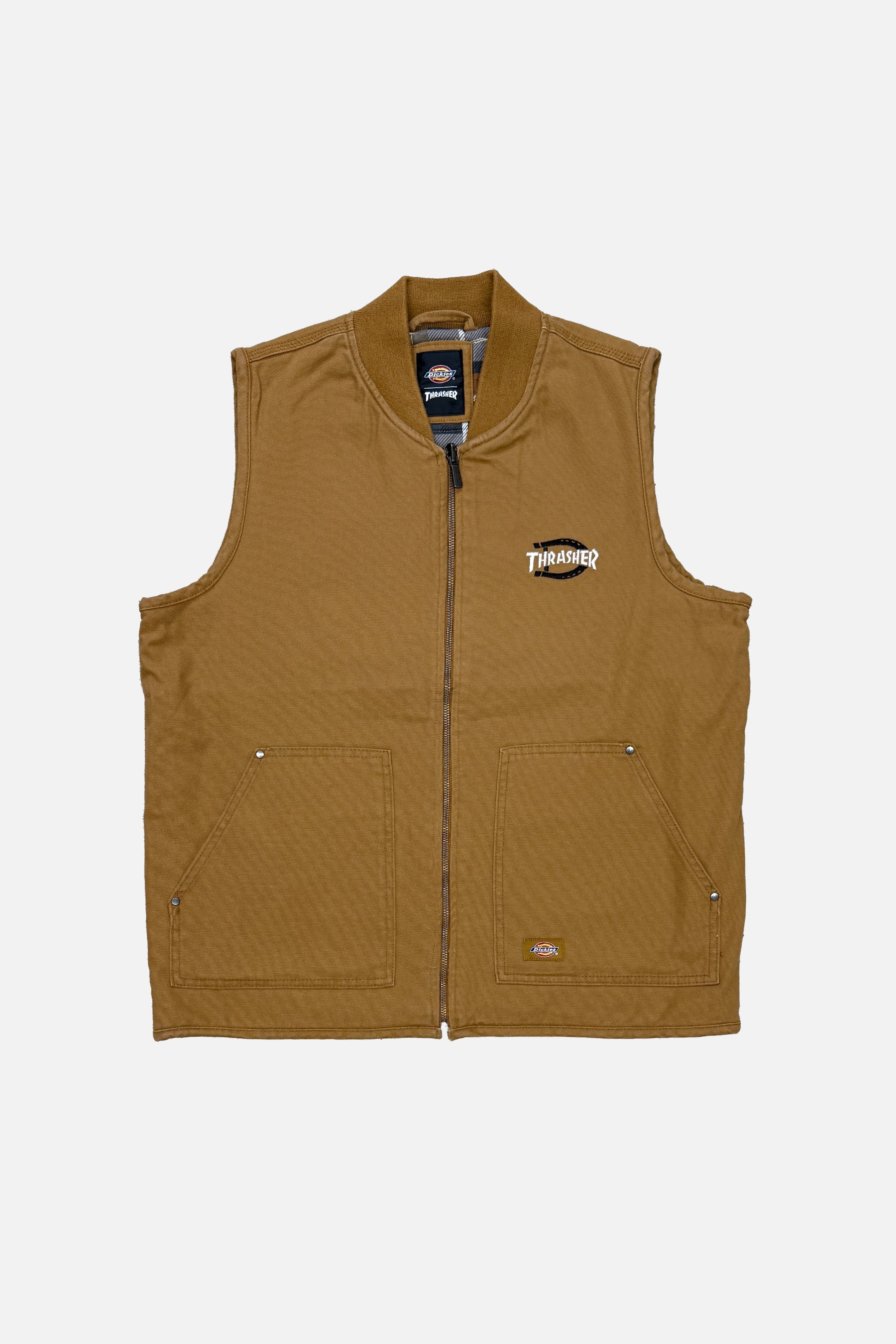 Front view of Dickies x Thrasher Vest with embroidered chest logo