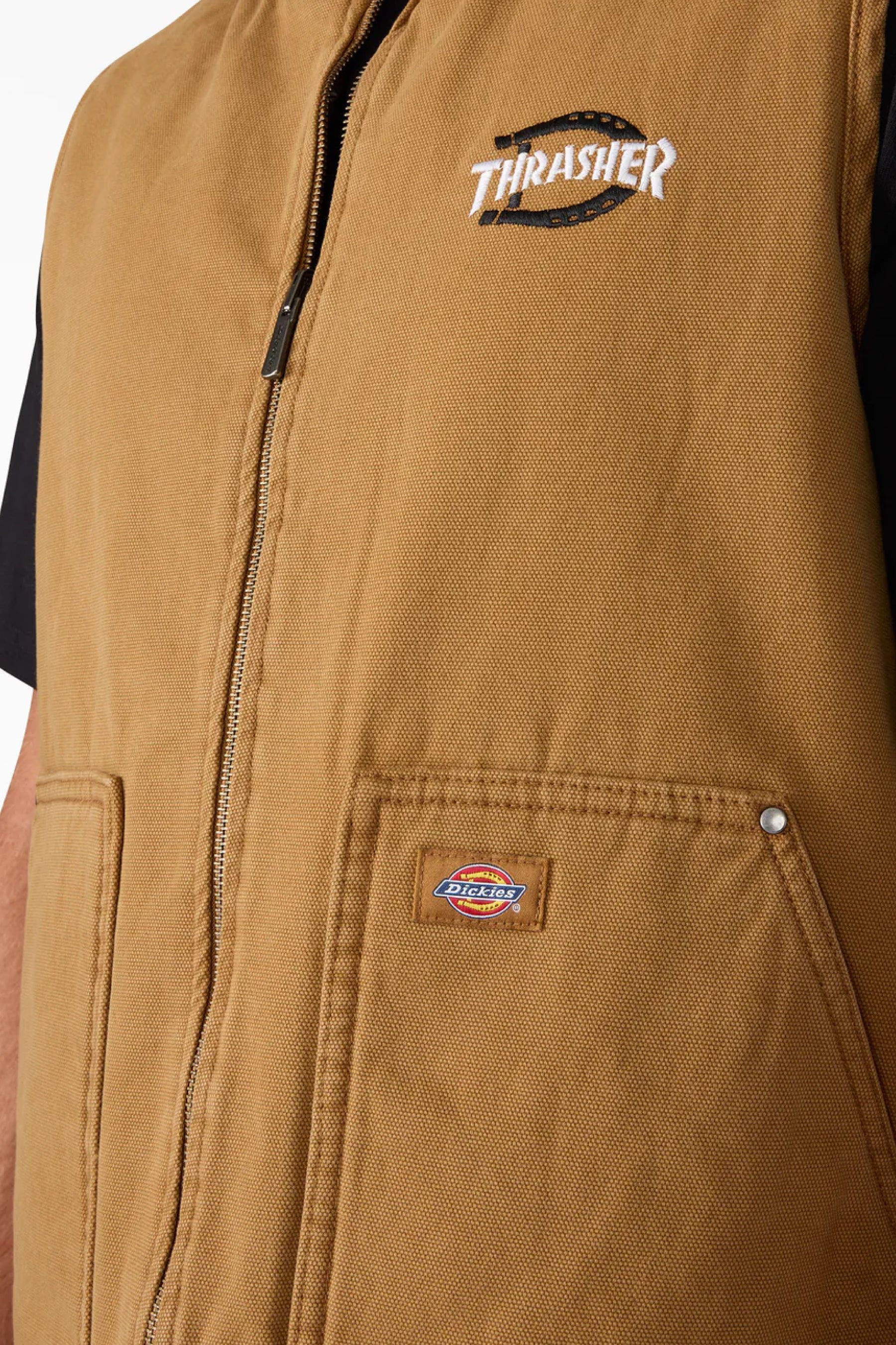 Co-branded embroidery detail on Dickies x Thrasher Vest chest