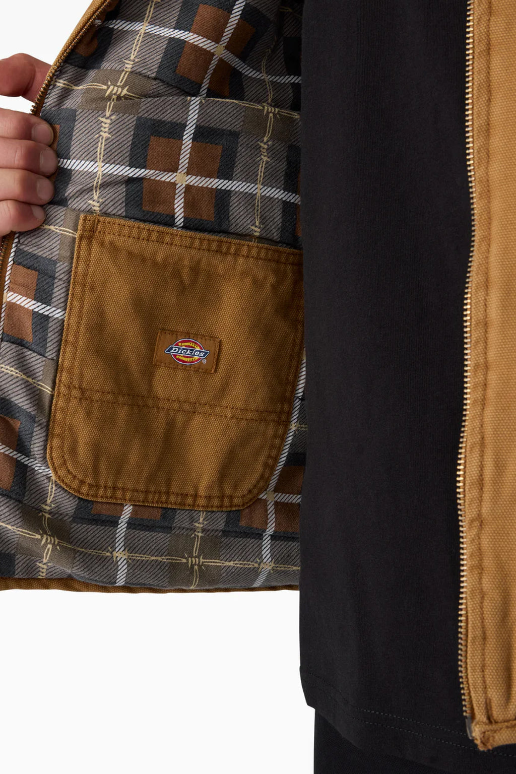 Reversible lining detail of Dickies x Thrasher Vest with barbed wire print