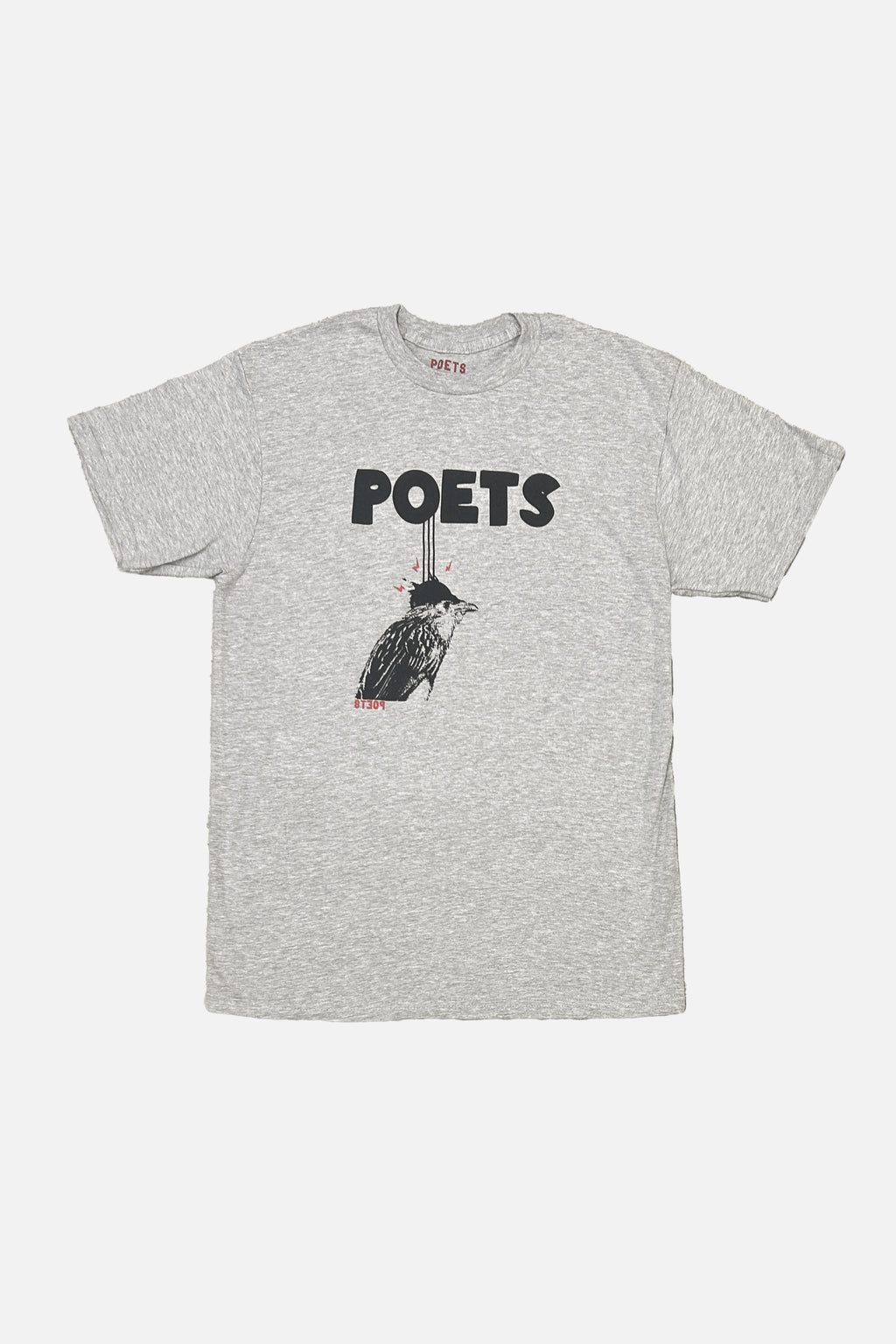 Front view of POETS Cuckoo Tee with printed artwork
