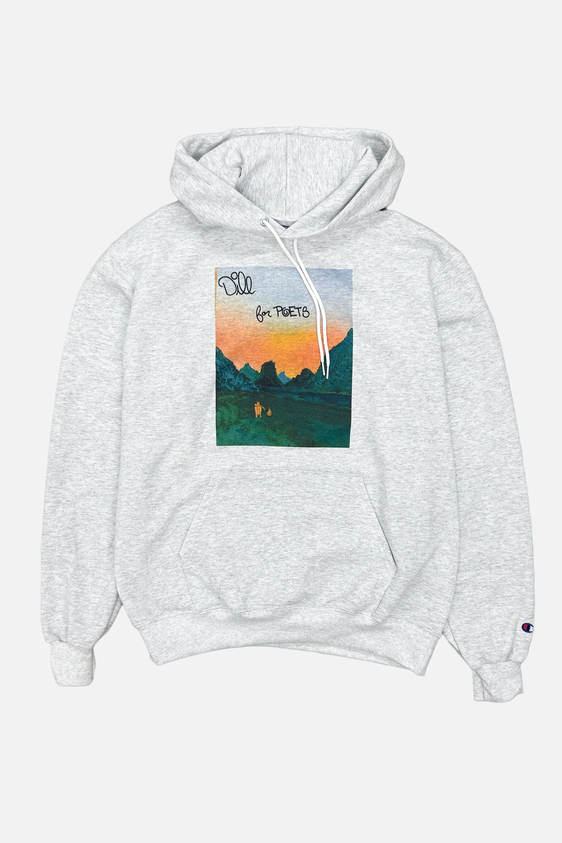Front view of POETS Dill Hoodie with printed artwork