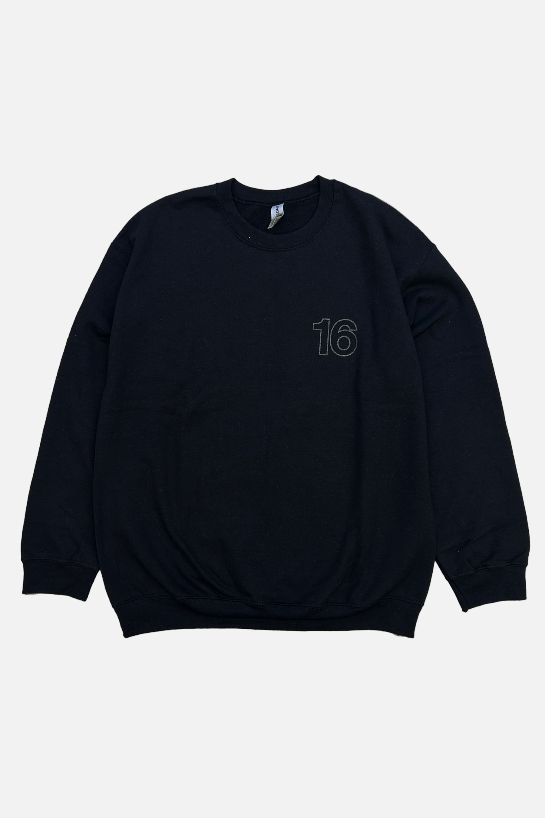 Front view of 16 Original Crew sweatshirt with shop sign graphic