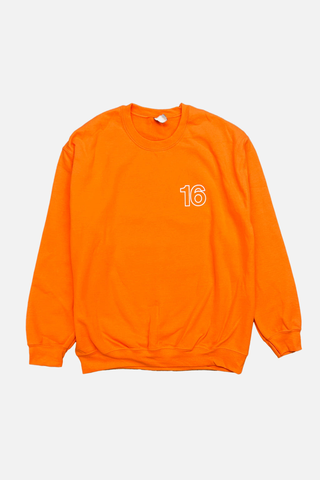 Front view of 16 Original Crew sweatshirt with shop sign graphic