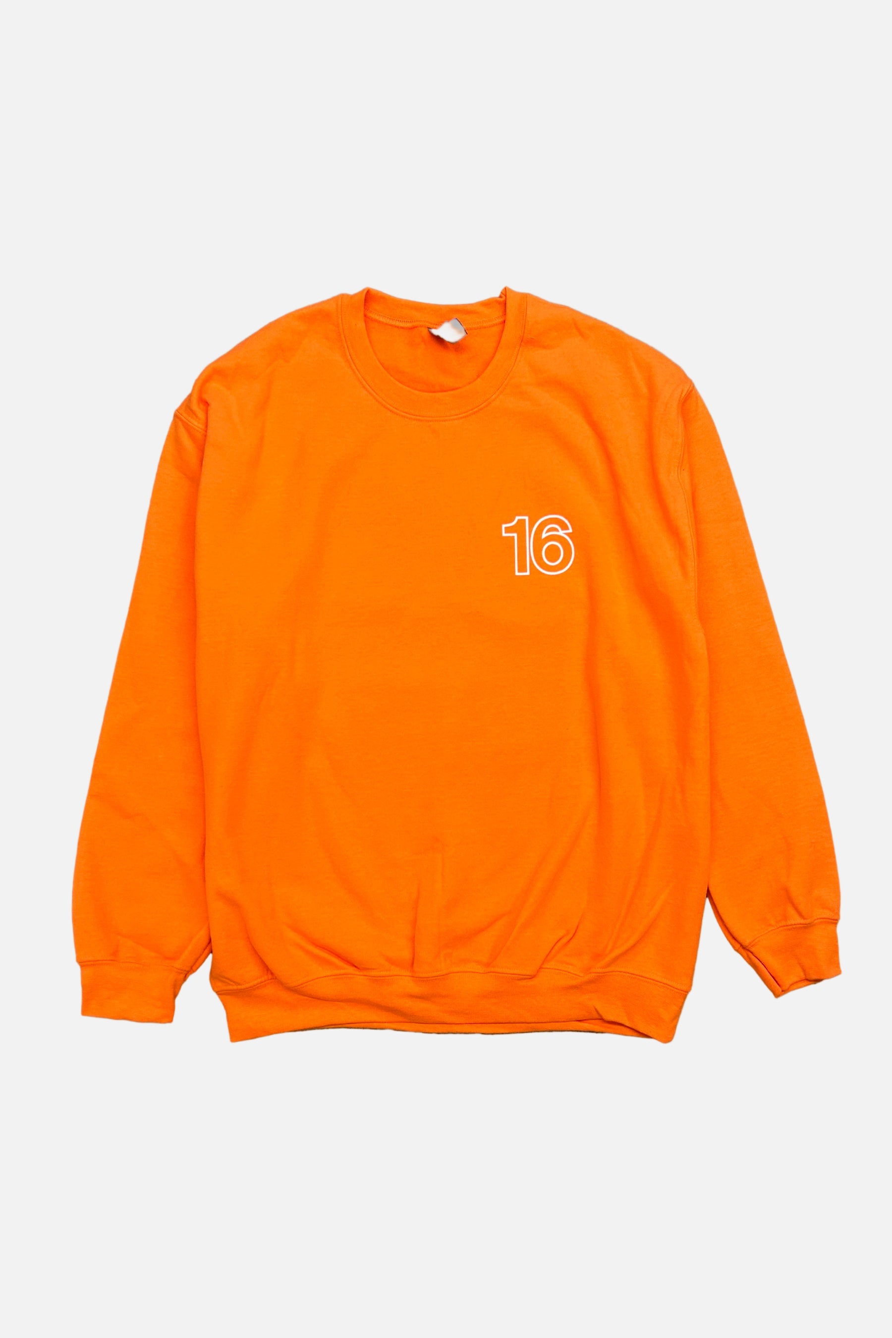 Front view of 16 Original Crew sweatshirt with shop sign graphic