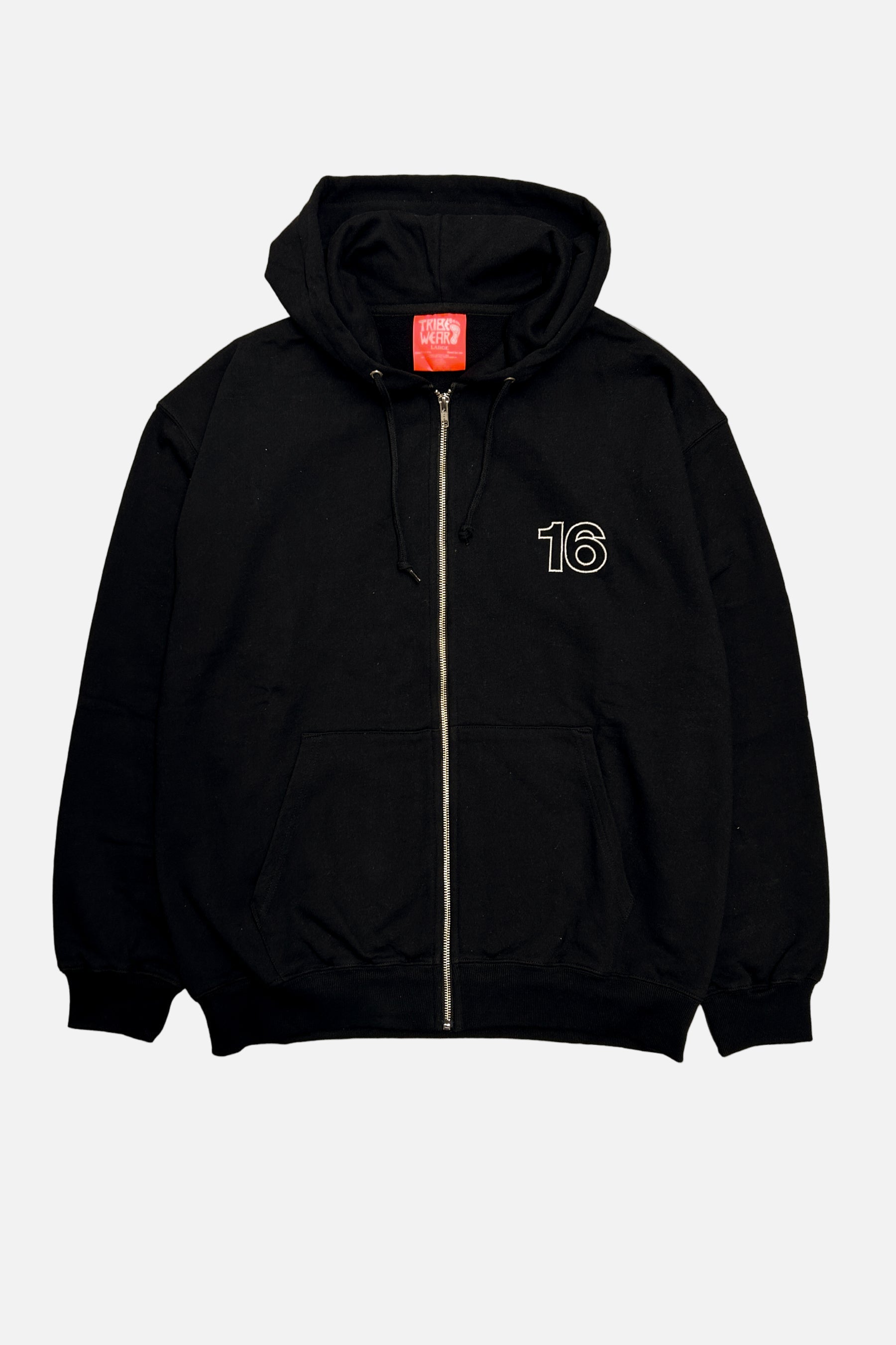 TRIBE WEAR black zip-up hoodie with 16 Sixteen embroidered logo